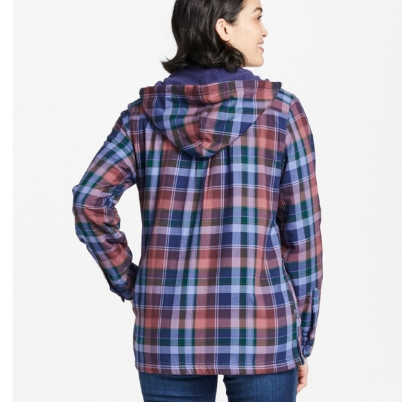 L.L. Bean Fleece-Lined Flannel Hoodie, Plaid Size Small Purple and Blue - Picture 2 of 7